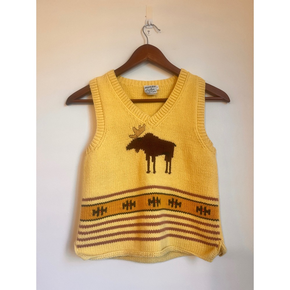 Marika Hahn Design Kids Yellow Cotton Moose Knit Sweater Vest Size 6/7 Peru‎